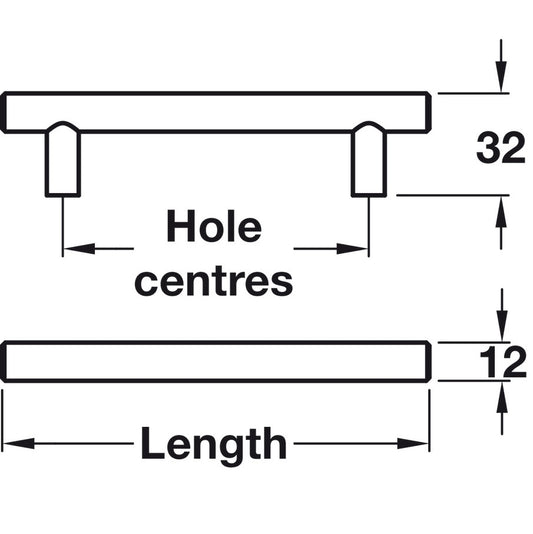 Bar Handle, Steel, Ø 12 mm, Fixing Centres 128-160 mm, Bartram