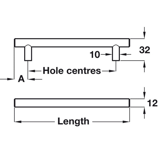 Bar Handle, Steel, Ø 12 mm, Fixing Centres 96-456 mm, Barkston