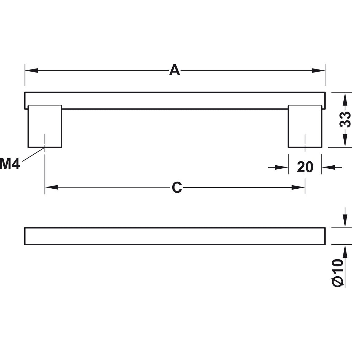 Bar Handle, Aluminium, Fixing Centres 160-1178 mm